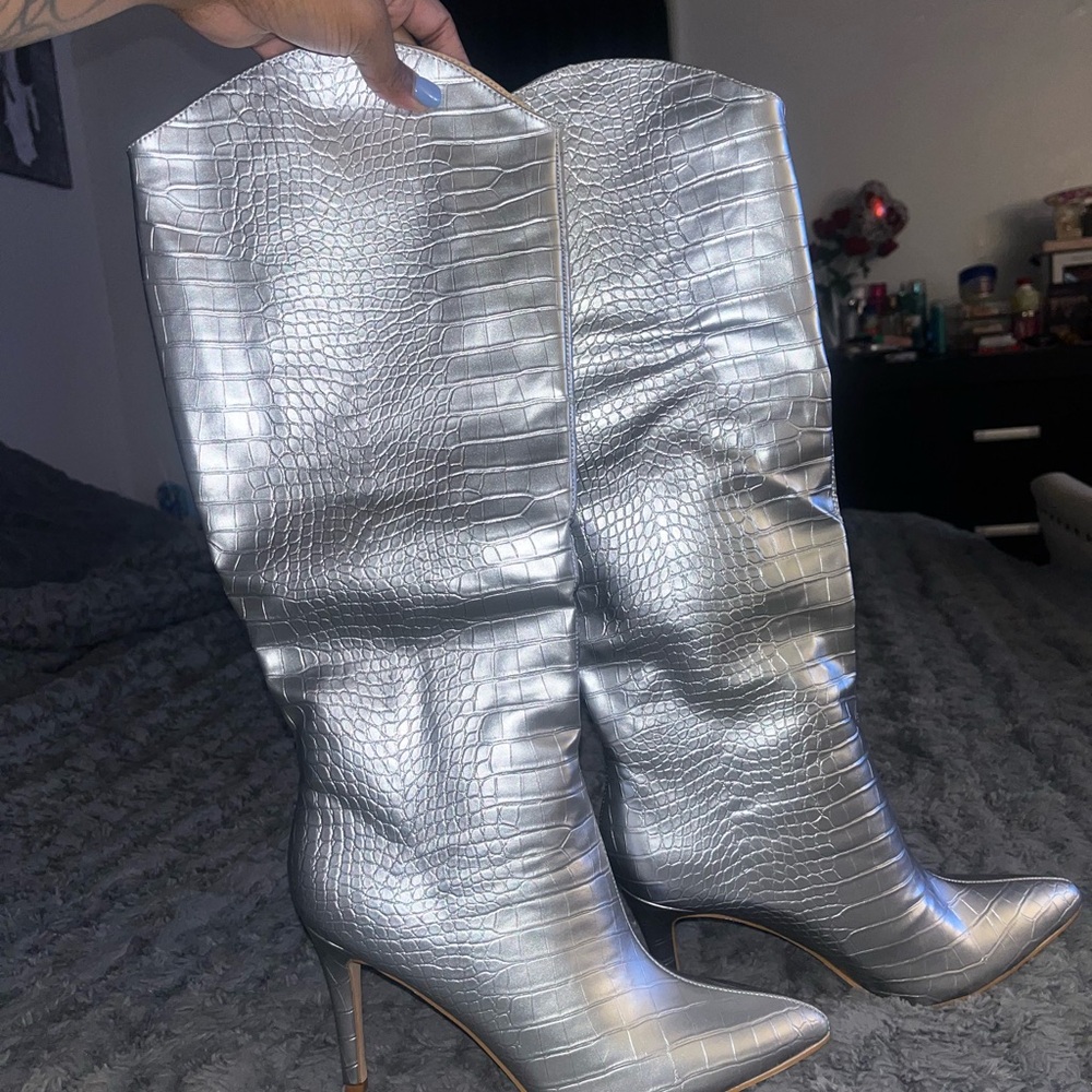 Silver Croc-Embossed Knee-High Boots